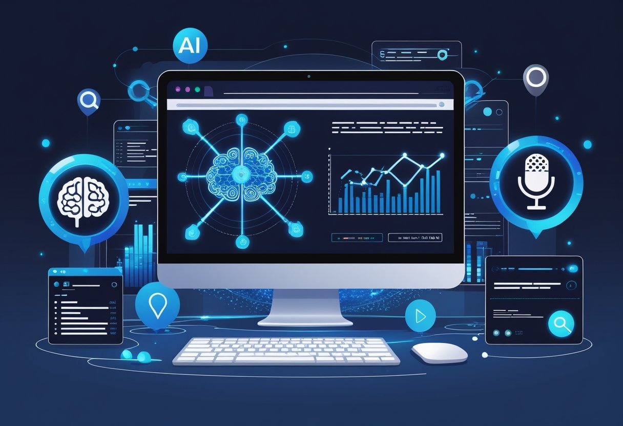 A digital workspace showing a computer screen with abstract visuals of search engine algorithms and icons representing AI, SEO, geographic location, and voice search.