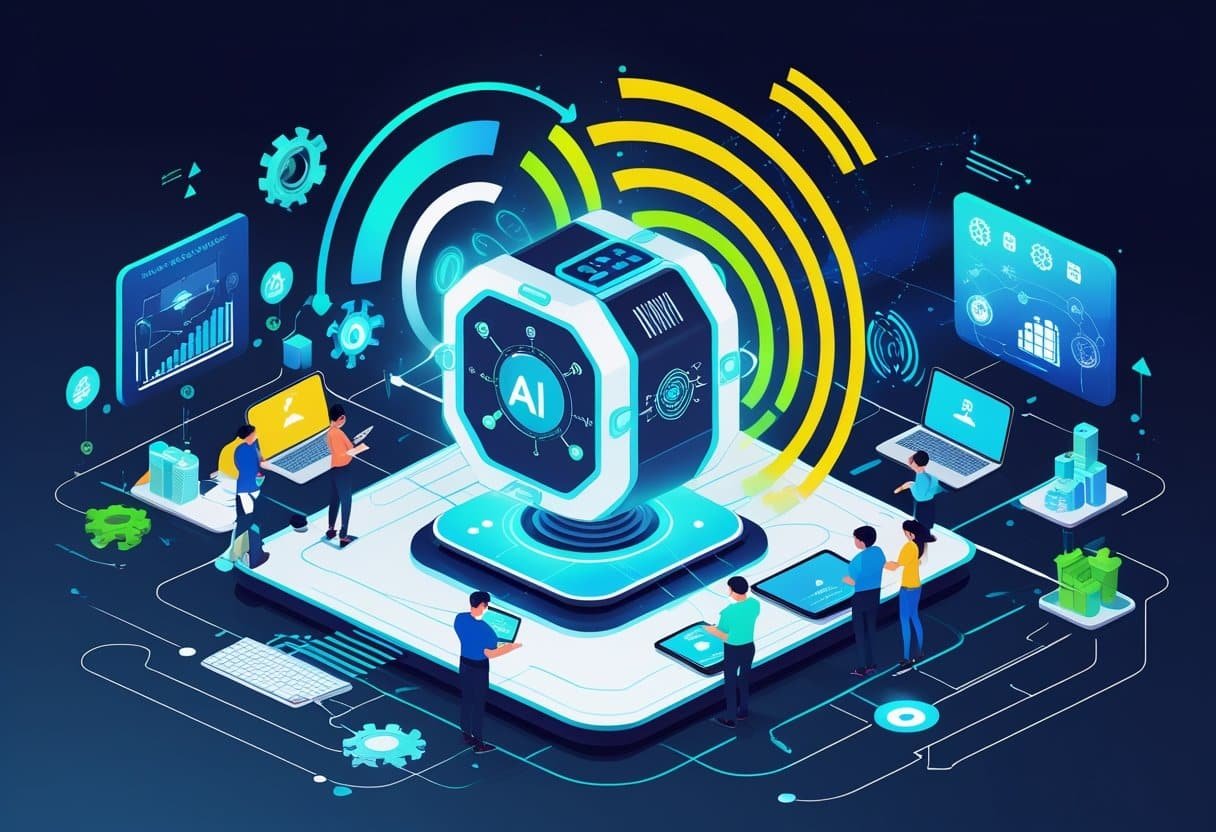 A group of small business owners collaborating around a digital AI engine emitting signal waves that connect to their devices, symbolizing technology and business growth.