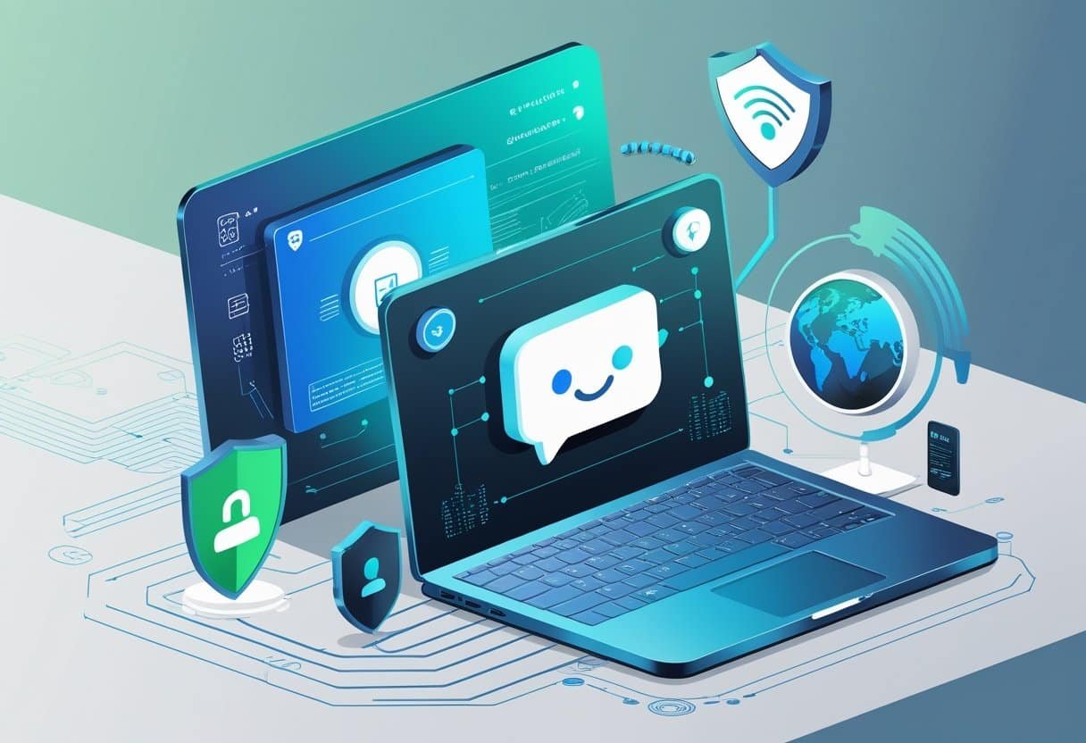 A laptop showing a chatbot interface protected by a shield symbol and encrypted connection lines, with a globe in the background representing secure internet access.