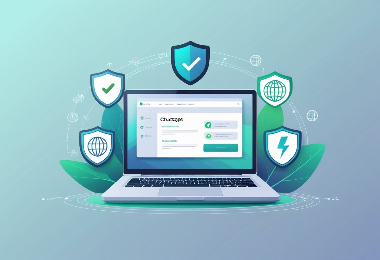 A laptop displaying a chat interface surrounded by icons representing security, global access, high speed, and privacy.