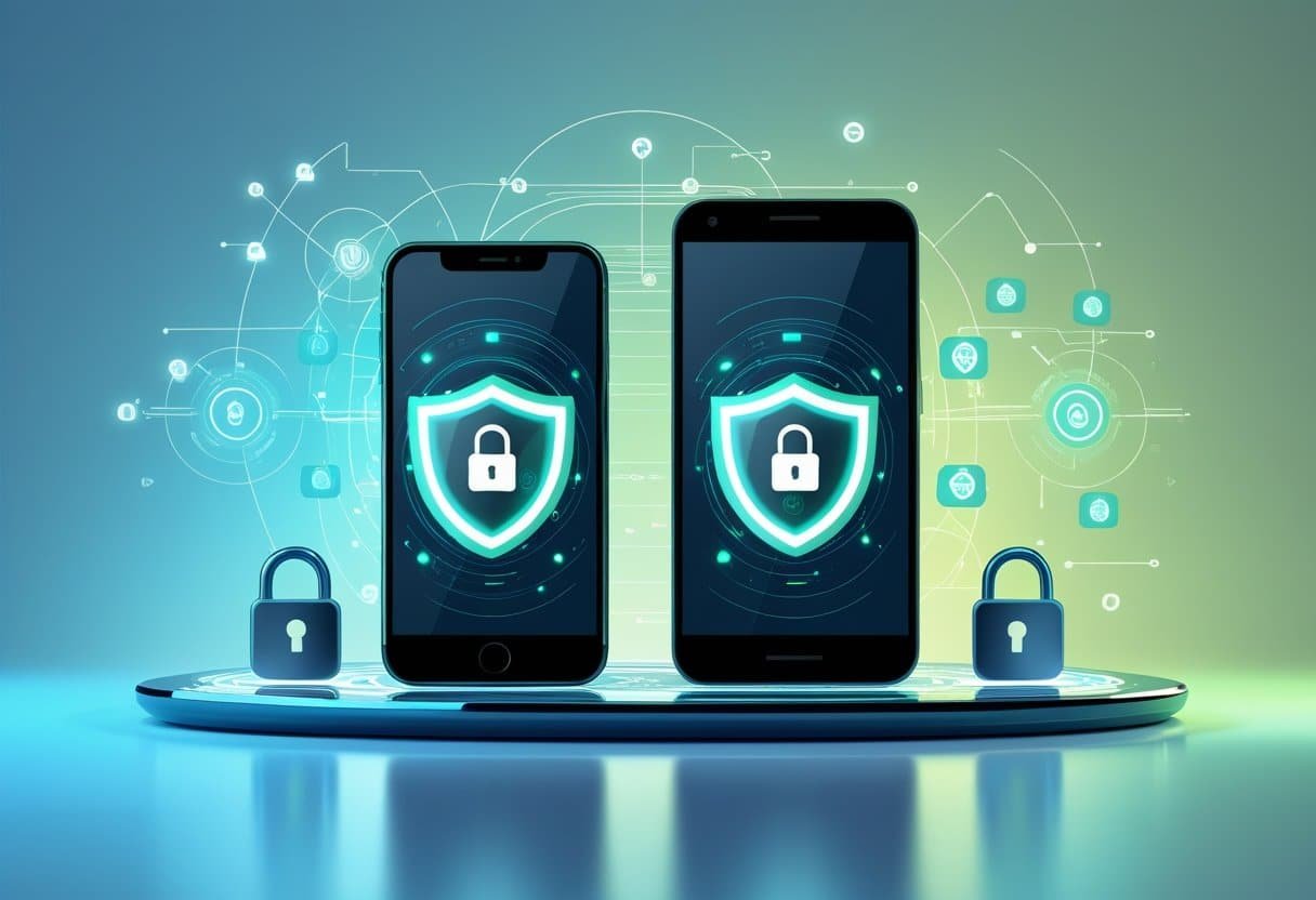 Two smartphones, an iPhone and an Android, with shield icons on their screens surrounded by digital symbols representing secure network connections.