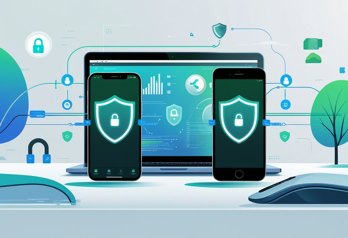 Two smartphones, an iPhone and an Android, on a desk with icons representing secure network connections and data privacy around them.
