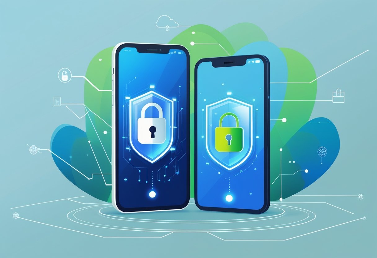 Two smartphones with digital shields above them surrounded by flowing network lines representing secure mobile internet connections.