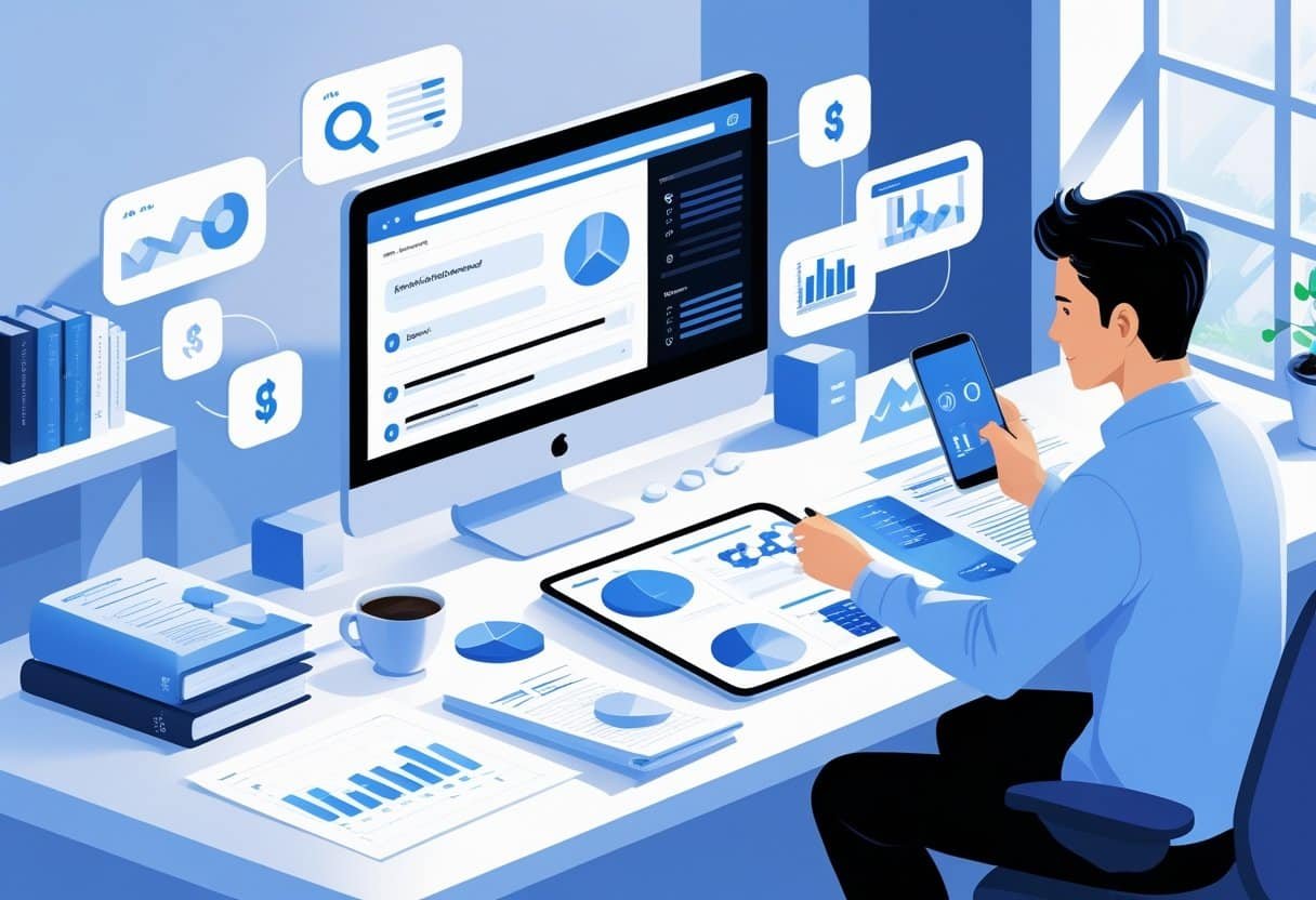 A person working at a desk with a computer showing a search engine and floating icons representing keyword research tools, surrounded by notes and charts.