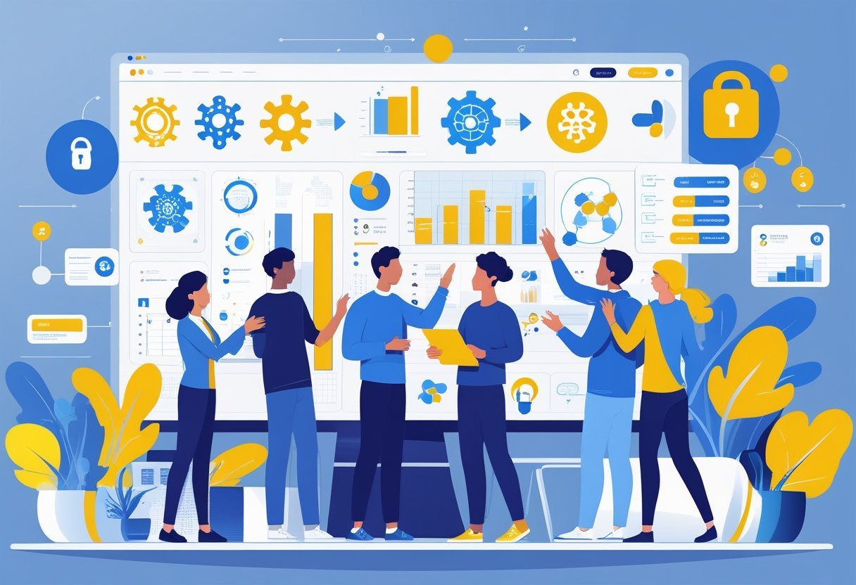 A group of people collaborating around a digital interface with AI-related icons and technology elements in a modern workspace.