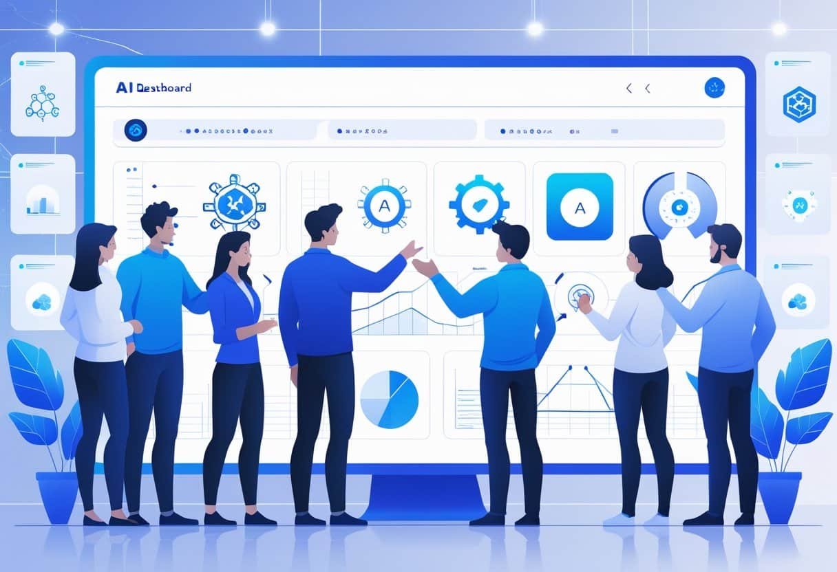 A group of people gathered around a digital dashboard reviewing various AI tool icons in a modern office setting.