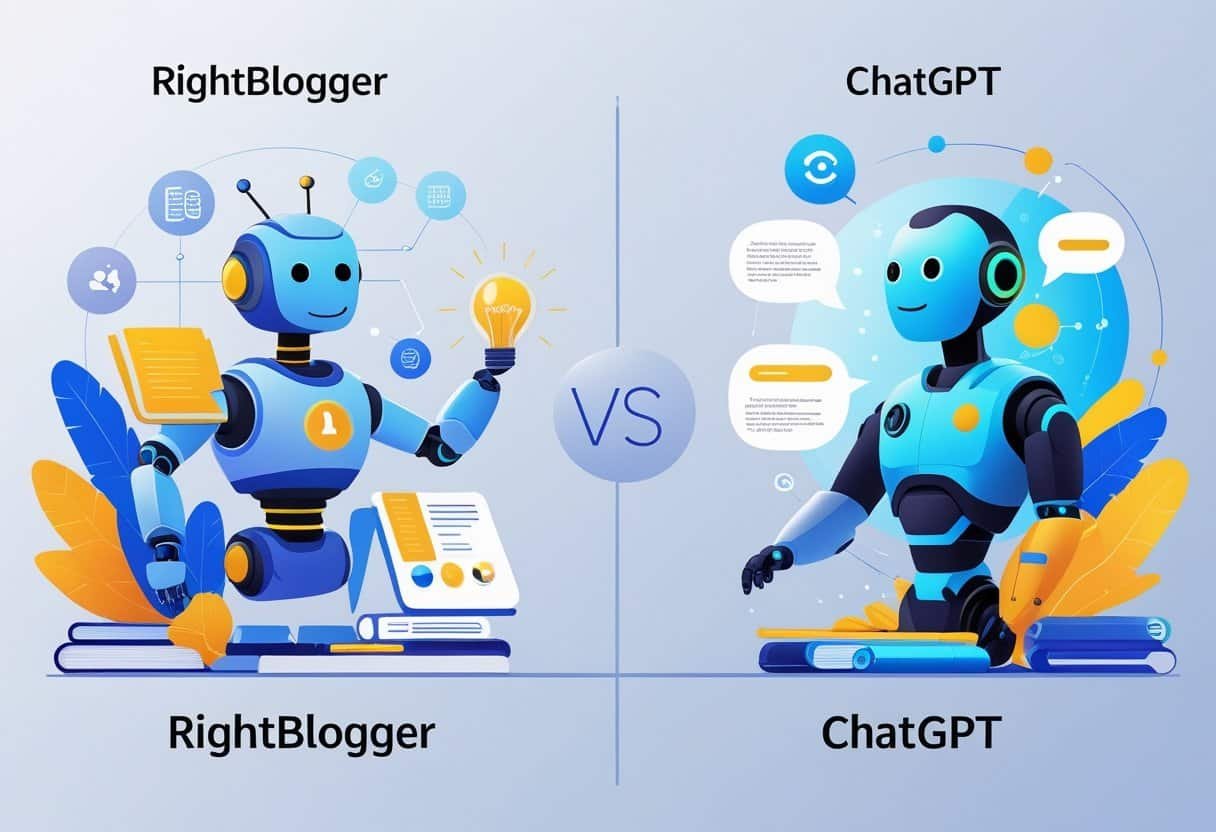 An illustration showing two AI systems side by side, one with blogging tools and the other with conversational and coding elements, highlighting their differences.