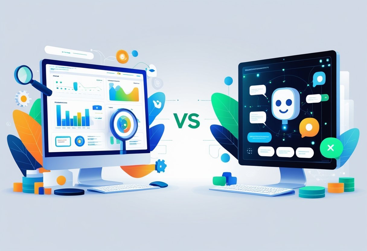 An illustration showing a side-by-side comparison of two digital tools: one with SEO analytics and blogging icons, the other with AI chatbot and neural network visuals, connected by symbols indicating comparison.