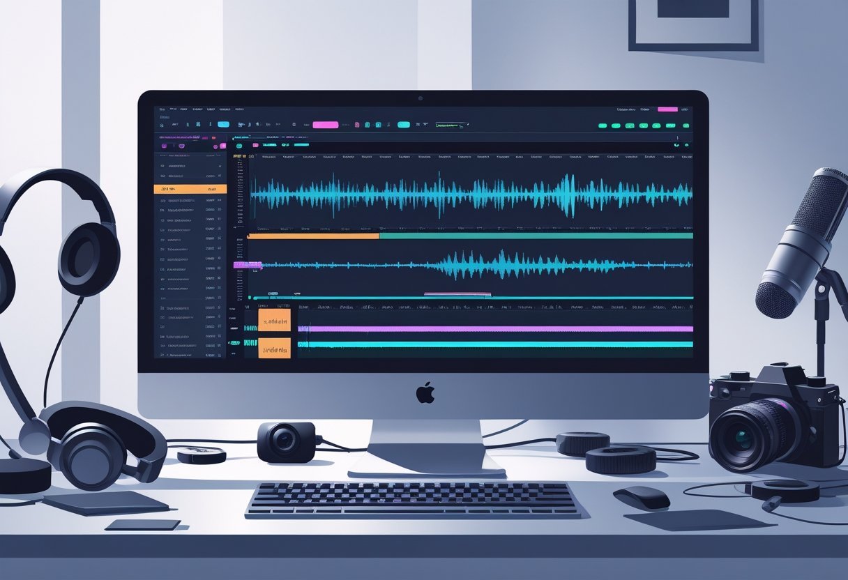 A digital workspace with a computer showing video and audio editing software, surrounded by headphones, microphone, and sound mixer equipment.