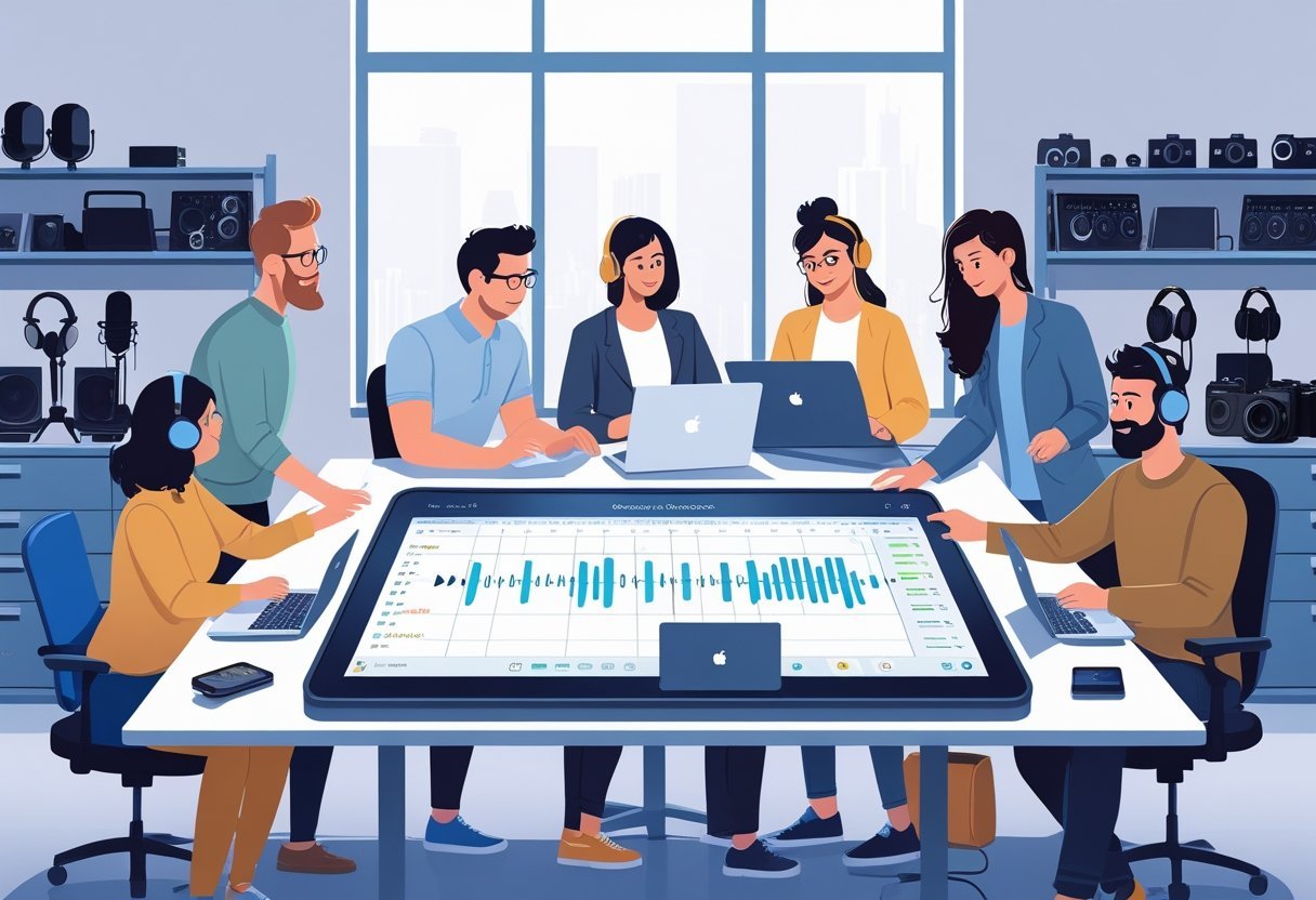 A group of people collaborating around a digital touchscreen table with audio and video editing tools in a modern office setting.