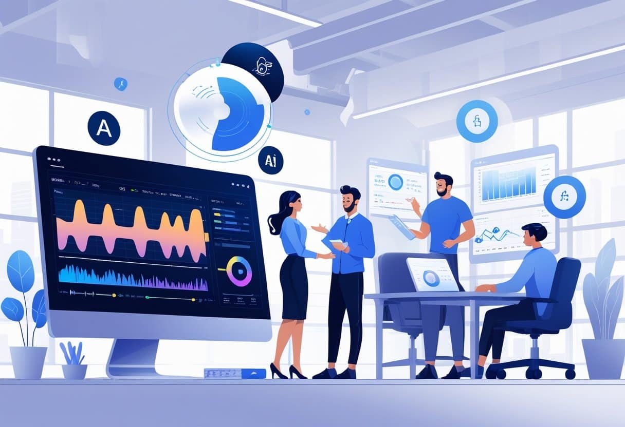 A group of people working together in a modern office with computer screens showing video and audio editing tools and symbols representing AI and accessibility.