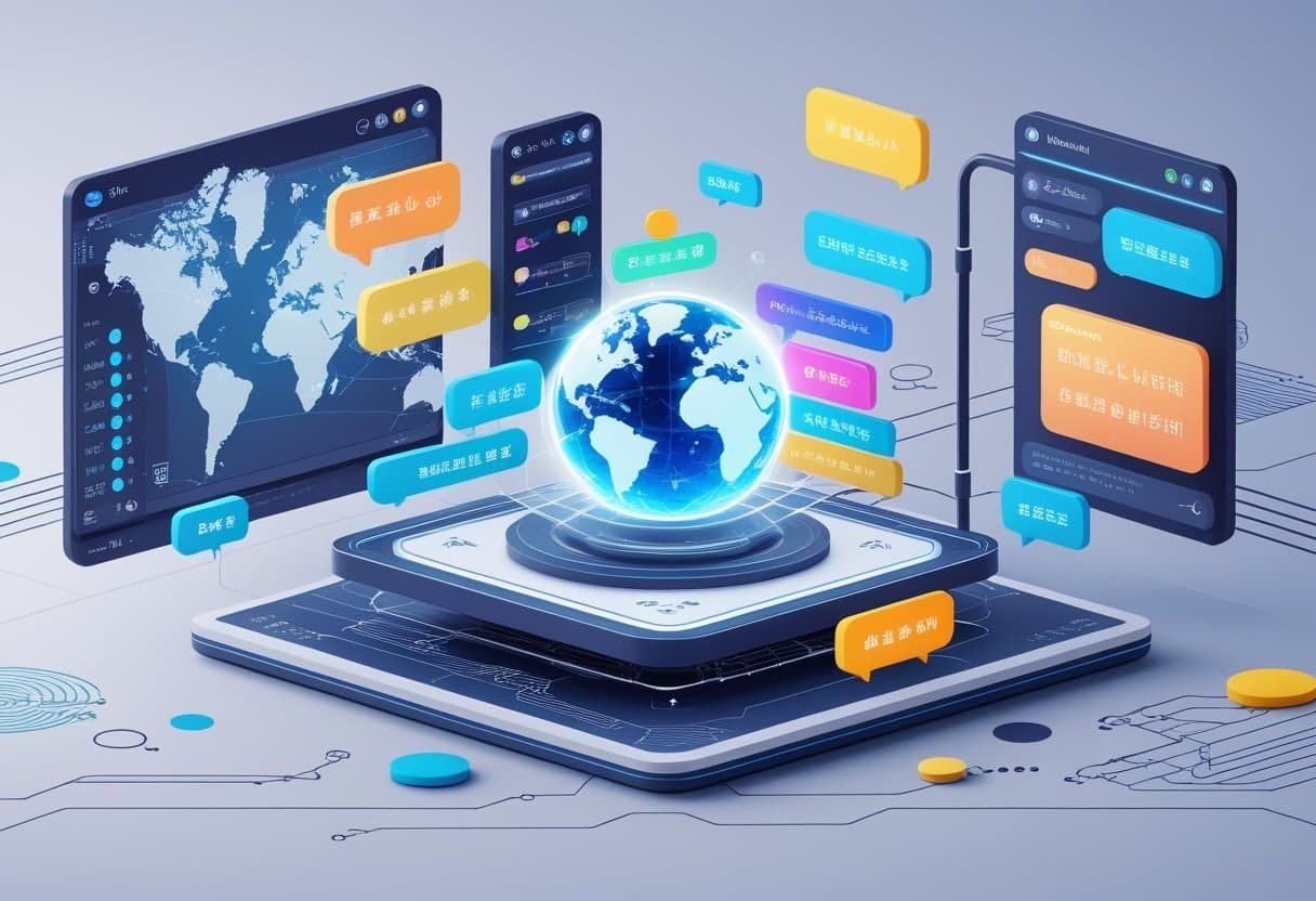 A digital workspace showing a holographic globe surrounded by language icons and translation symbols, representing multilingual and localization technology powered by AI.