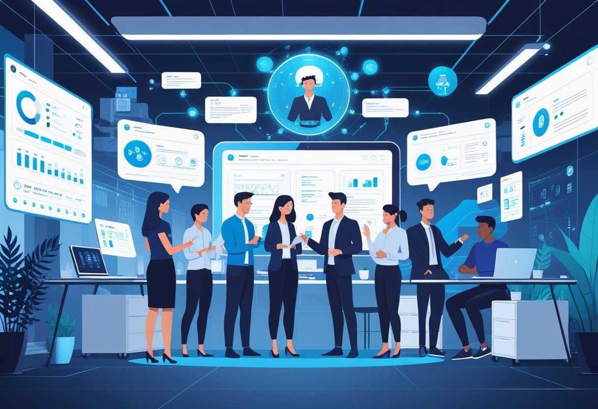 A group of professionals using AI technology with holographic screens and virtual avatars in a modern office setting.